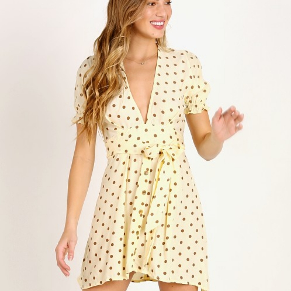 Faithfull the Brand Vanelli Yellow Polka Dot Mini Dress - Size XS, 2